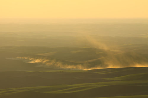 The fading sun captures the dust of farmers tilling their fields.